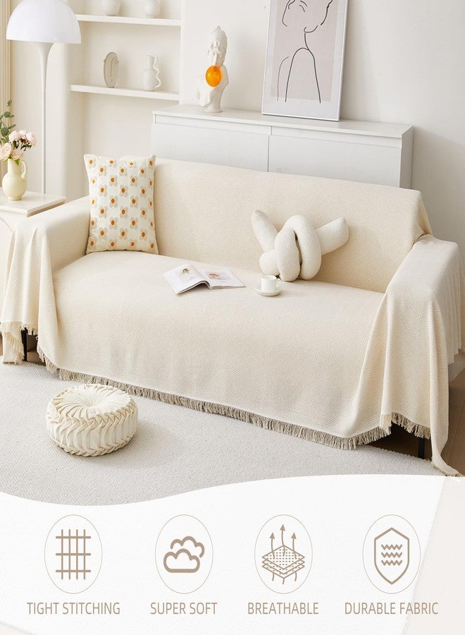Outigu Twill Geometric Pattern Sofa Cover with Tassel Trim for 2-Cushion Couches, Stylish Living Room Couch Throw Slipcover, Pet and Kid-Friendly Couch Protector (Cream White, 71" × 118") - Image 2